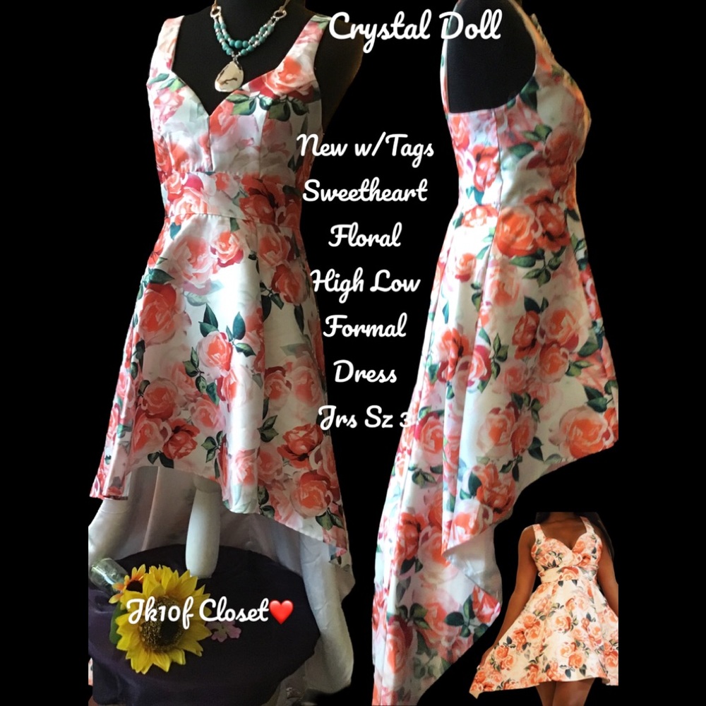LOWEST🌺 NWT CRYSTAL DOLL Jrs Sz3 FLORAL SATIN HIGH LOW HEMLINE FORMAL D…